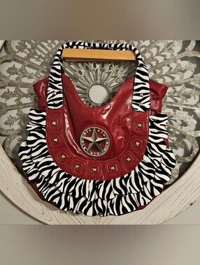 Fun, Fun, Red Star Accent Handbag with Zebra Ruffle Trim